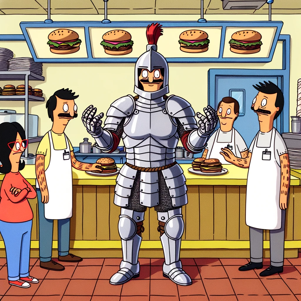 the Bob's Burgers restaurants featuring Linda Belcher and several Bob Belcher clones, one in a suit of armor