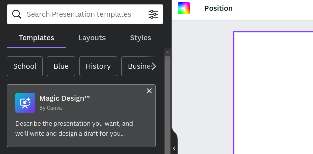 screenshot of the Canva interface highlighting the Magic Design button, which reads "Describe the presentation you want and we'll write and design a draft for you..."