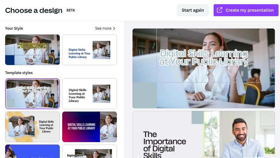screenshot of Canva featuring a selection of presentation templates, all titled "Digital Skills Learning At Your Public Library" featuring a variety of stock photographs of people using computers.