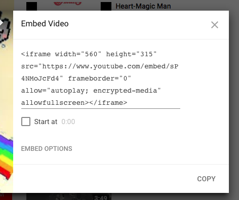 screenshot of YouTube video embed code