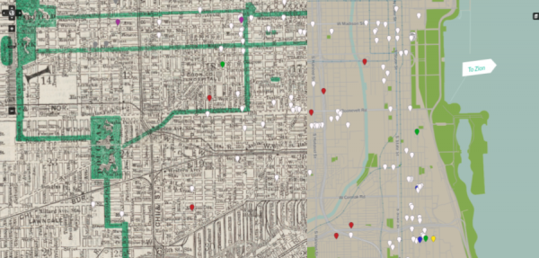 image of two maps, side-by-side: a vintage 19th-Century map and a modern map of Chicago