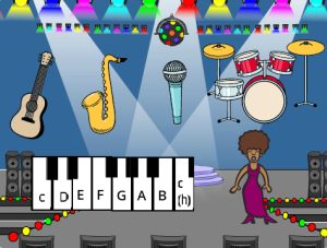 image of a Scratch sound effects app featuring a piano keyboard, guitar, saxophone, and drums
