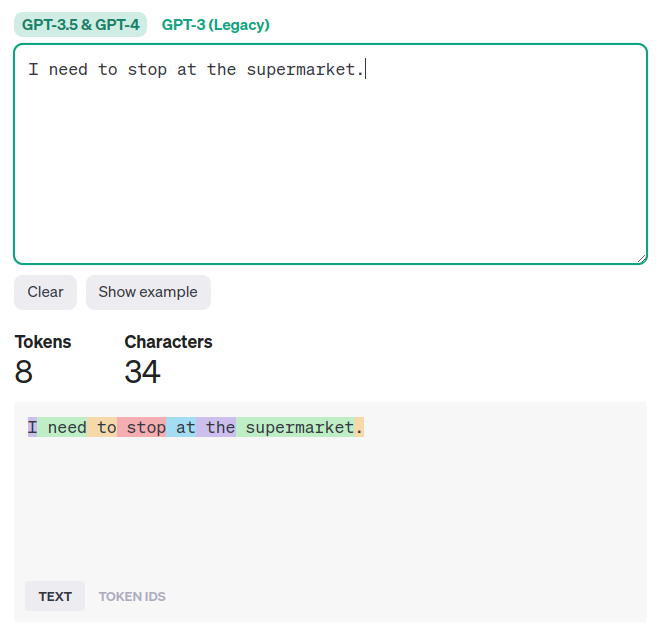 screenshot of the OpenAI Tokenizer web application. Input window reads "I need to stop at the supermarket."  Output window shows the same sentence but each word is color-coded to indicate the tokenization scheme. A counter reads 8 tokens, 34 characters